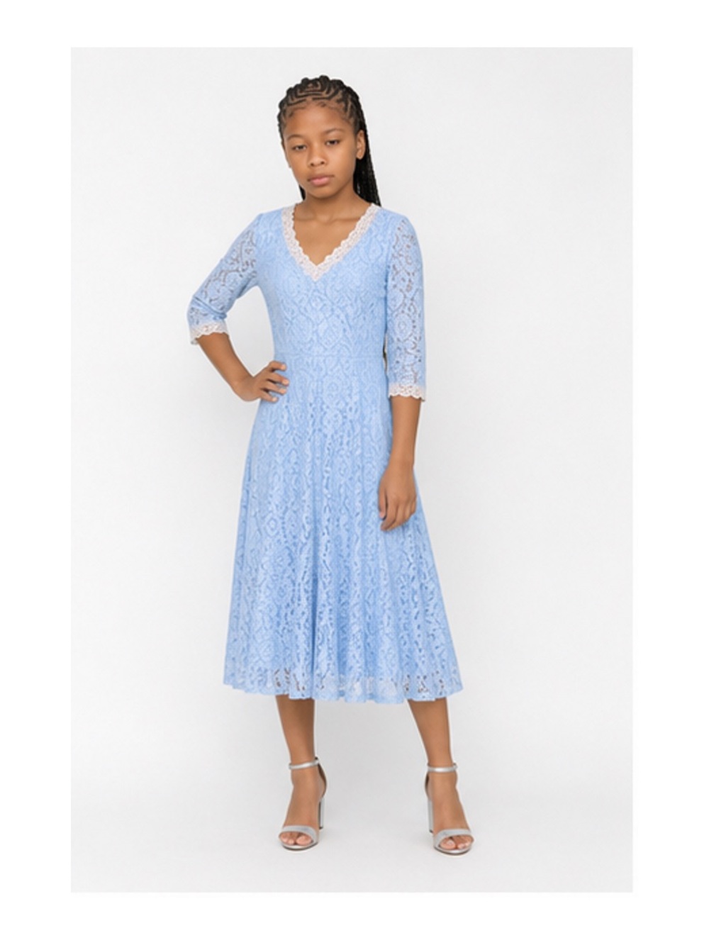 Light Blue Lace V-Neck Midi Dress with Contrast Trim